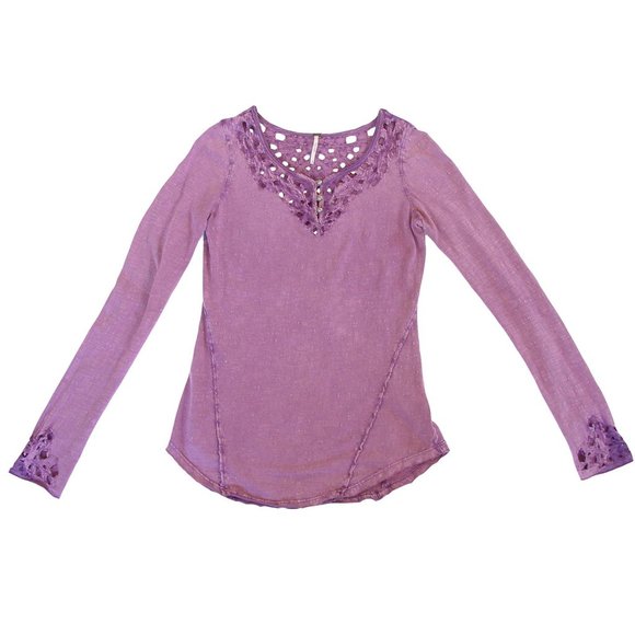 FREE PEOPLE Purple Boho Cutout Long Sleeve Cotton Top Women's S - Picture 8 of 10